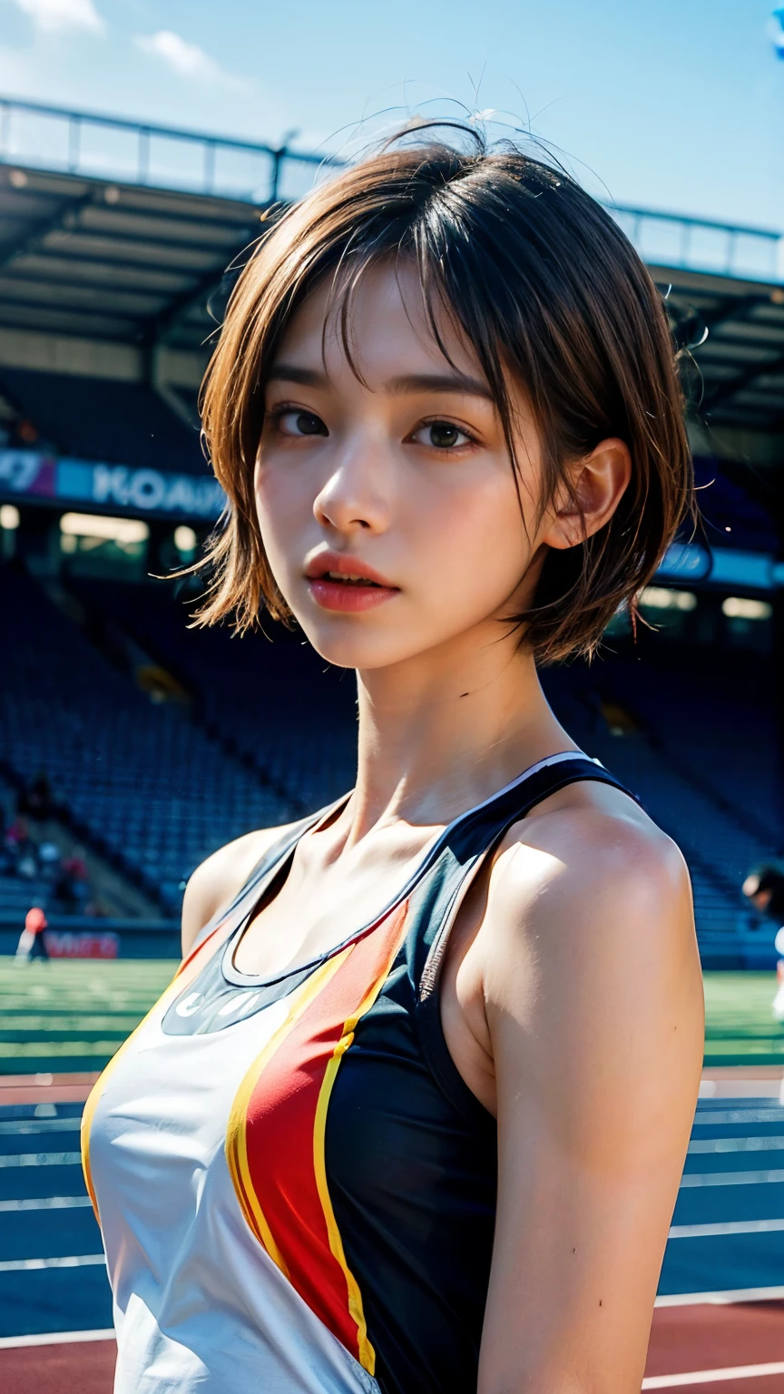 (Realistic、Like a photograph、Live Action、8k, Photorealistic, RAW Photos, Best image quality: 1.4), Single-lens reflex camera、RAW Photos, highest quality, Realistic, Highly detailed CG Unity 8k wallpaper, Written boundary depth, Cinematic Light, Lens flare, Ray Tracing, Realistic background、(Track and field athlete、(Wear an athletics uniform:1.4、Uniforms that accentuate the body line))、short hair、Stadium Track、Nervousness before the start)、((Ultra-dense skin))、 Many women、Beautiful Japanese Teenager、((whole body:1.5),avert your eyes:1.1、Serious expression、I like that style、Pay attention to the details、The perfect outfit、(White skin)、An accurate portrait、Accurate Arm、Accurate feet、View from the front