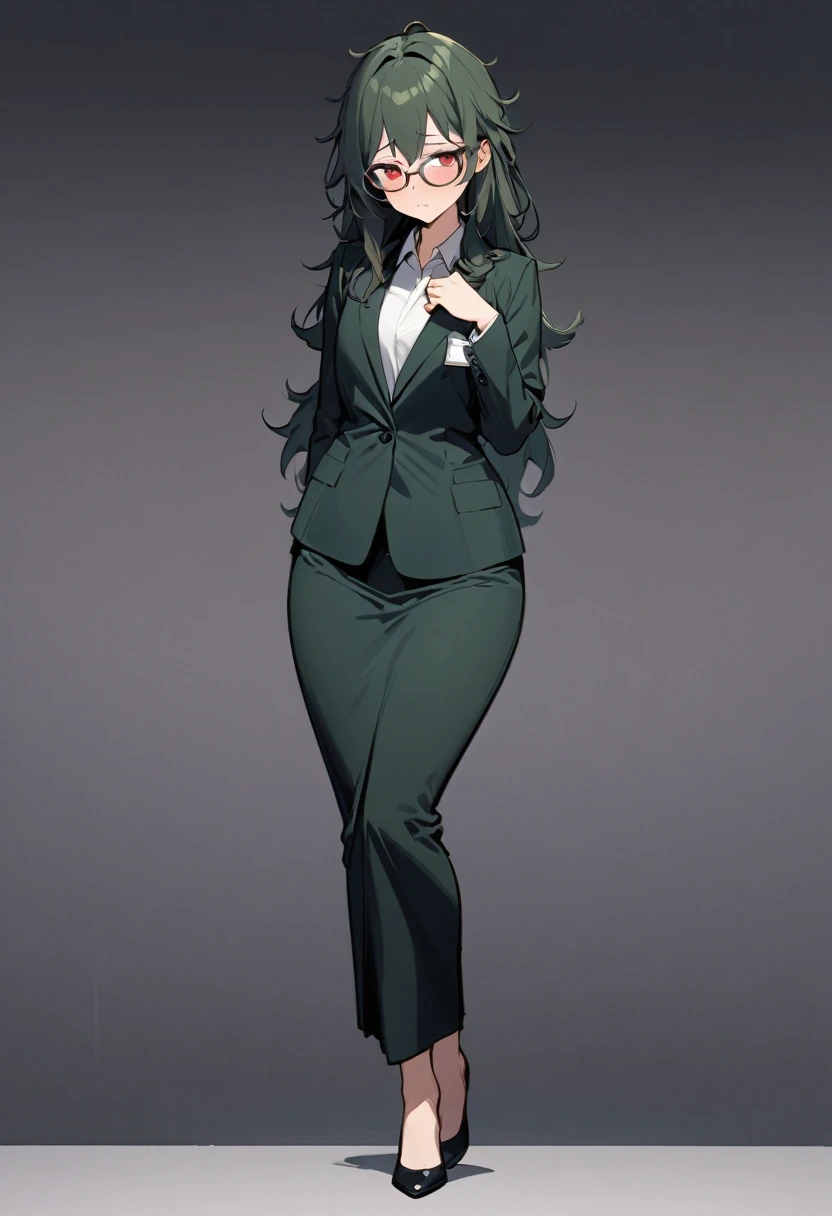 masterpiece, best quality, 1 female, solo, 35 year old female,full body,standing ,office lady suit,flat chest,Long Hair, Dark Green Hair,messy hair,glasses, red eyes,Shy , wide hips,tall,