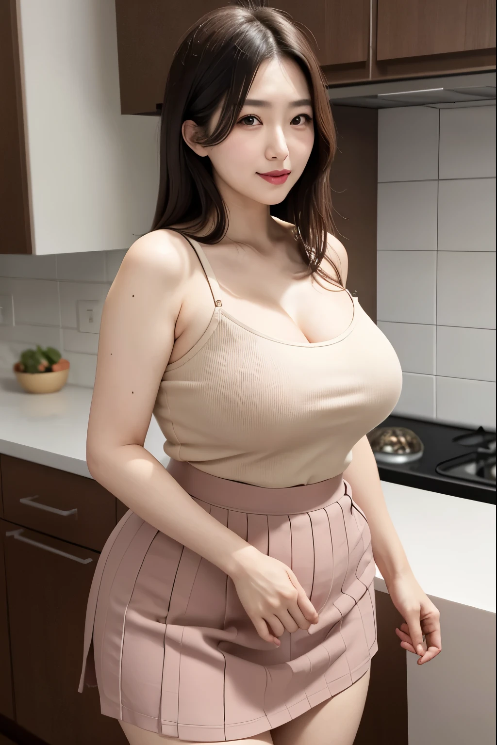 Beautifull, mother-in-law, japanese, spaghetti square strap knit, sexual expression, in the kitchen, voluptuous, high waist short tube skirt