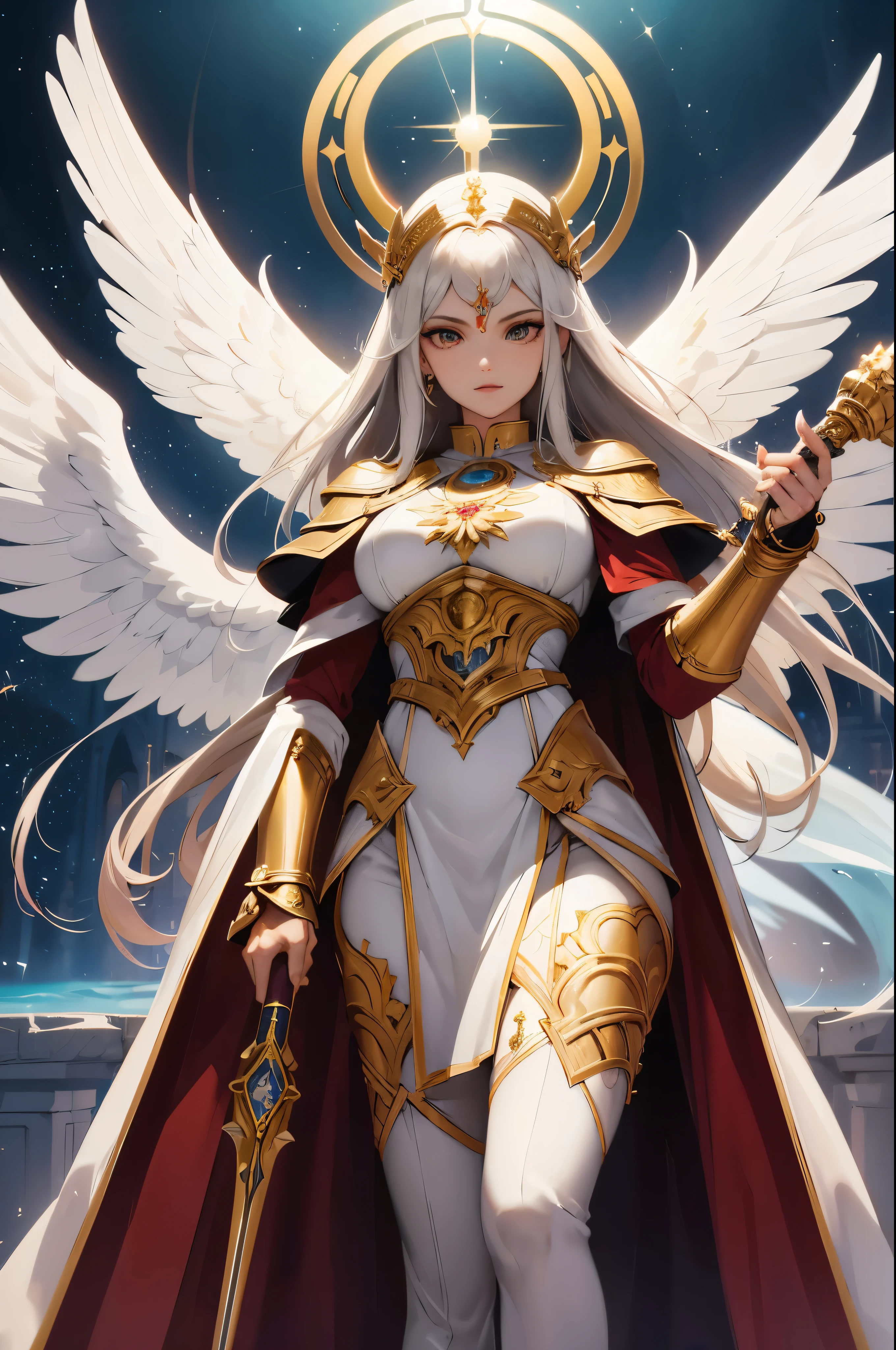 Mulher descendente de seres divinos, is made up of angelic features. Perfect face and hand, detalhes intrincados. Obra-prima. It is linked to the forces of light, lembra habitantes do Mundo dos Deuses. She is a priestess whose devotion is so powerful that it makes her capable of performing miracles.. Possui uma aura divina ao seu redor, with symmetrical details. Vestindo uma armadura Brunea, wielding a mace in his right hand and a light shield in his left hand. Detalhes intrincados, perfeitos e detalhados.