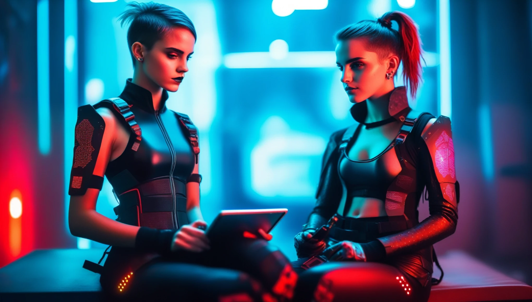 Two young female hackers sitting in a cyberpunk hackerspace with large windows in a cyberpunk metropolis facing the viewer, right arm resting on her waist, left arm held forward holding a transparent smart tablet, short silverwhite undercut haircut, immaculate skin, thoughtful look on her face, sweat on her skin, full lips, small breasts, legs crossed, fullbody black and red skintight cyberpunk underarmor with intricate hexagon pattern, synthetic utility vest with attached wearable computer, black leather utility belt with multimeter and some probes attached, thigh high black latex boots, cutoff gloves, no makeup, natural fingernails, emma watson, edgFut_clothing, neons, electric circuits