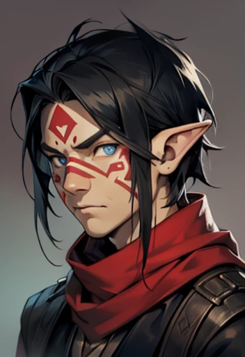 Concept ART, Human Male r , pointer Elf ears,((face tribal markings)) , blue pupils  ,Black hair , red Torn Scarf , Bandage ,Ancient dark magic , Handsome face