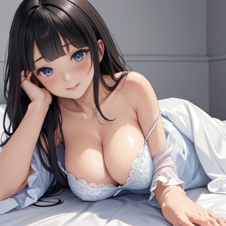 masterpiece, best quality, ultra detailed, highres, extremely detailed CG unity 8k wallpaper, perfect lighting、beautiful and aesthetic,sharp focus, perfect face, Perfect hands、Perfect Fingers、Perfect toes、Five fingers、、highest quality、Woman 1
Black Hair、Blunt bangs、blue eyes、Sparkling eyes、extremely big eyes、smile、blush、negligee、Face close-up、Bring your face closer、Lie down on the sheet、Lie down Sheet、Off the shoulder、Large Breasts、