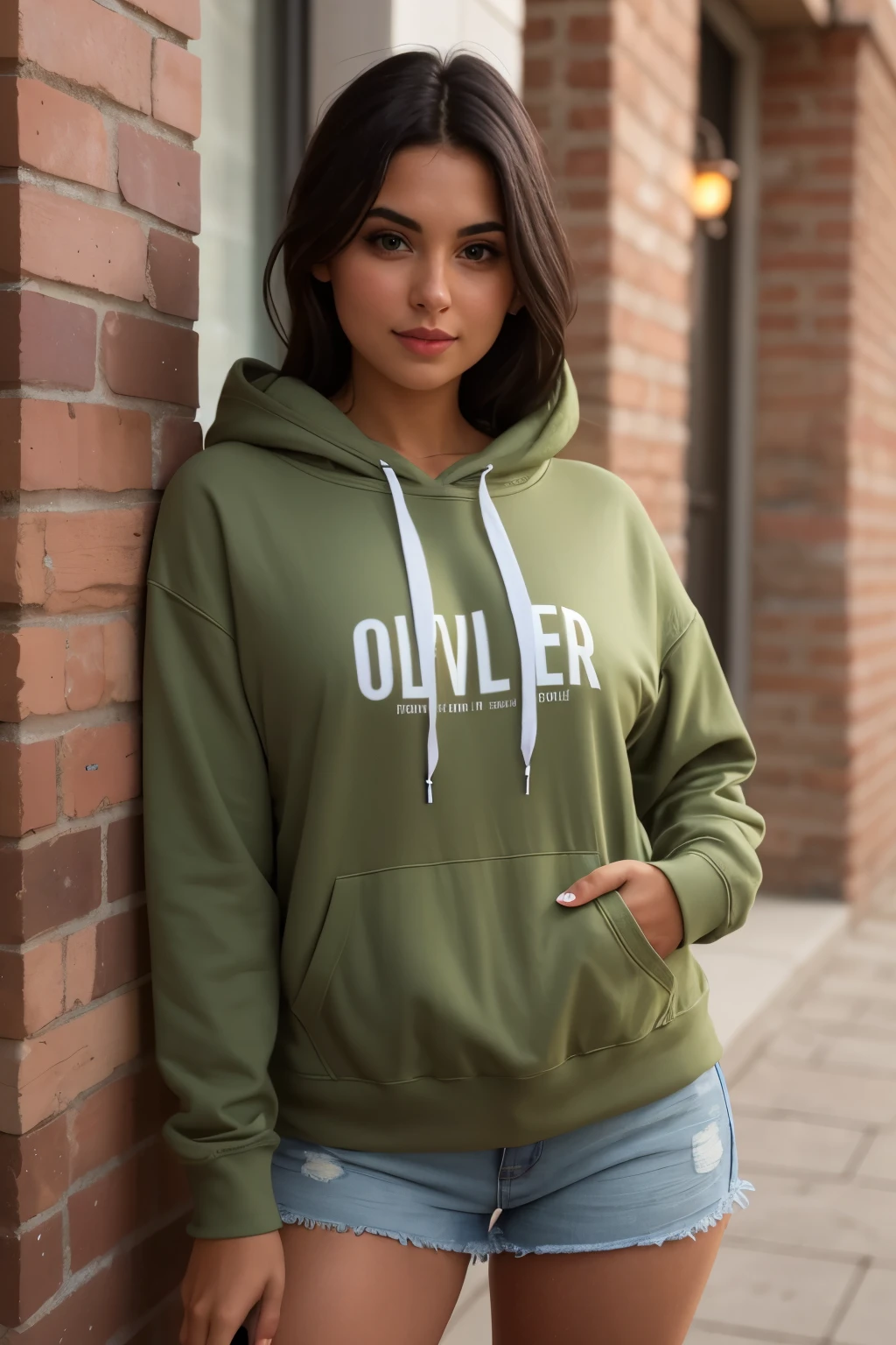 Image of an olive skin girlfriend posing for the camera hoodie. Seductive lighting.
