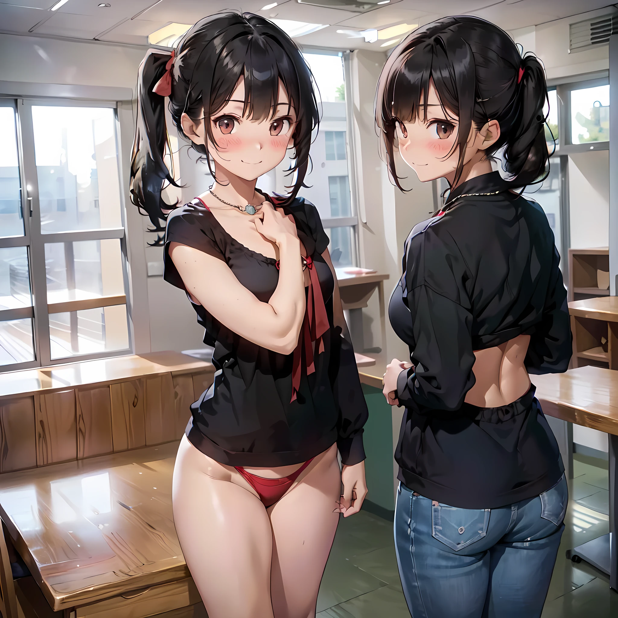 ((masterpiece, best quality, ultra quality, high quality, hyper detailed, intricate detailed, perfect anatomy, shiny skin)), ((three girls are sticking out their big butt boldly)), (body shot:1.4), (big butt), (In the school changing room), (smile, shy, red cheek, blush, Open your mouth:1.5), (slender), hair band, Headband, hair bobbles, brown hair, blond hair, navel, jewelry, looking at viewer, necklace, long hair, short hair, Abdominal muscles, (Thong:1.2), straight hair, bob cut, blunt bangs, silky hair, jet black hair, hair clip, hair band, hair ribbon, one-length haircut, ducktail, outward curled hair, French twist hair, twintails, side ponytail, single braid, wavy hair, bangs pinned back,