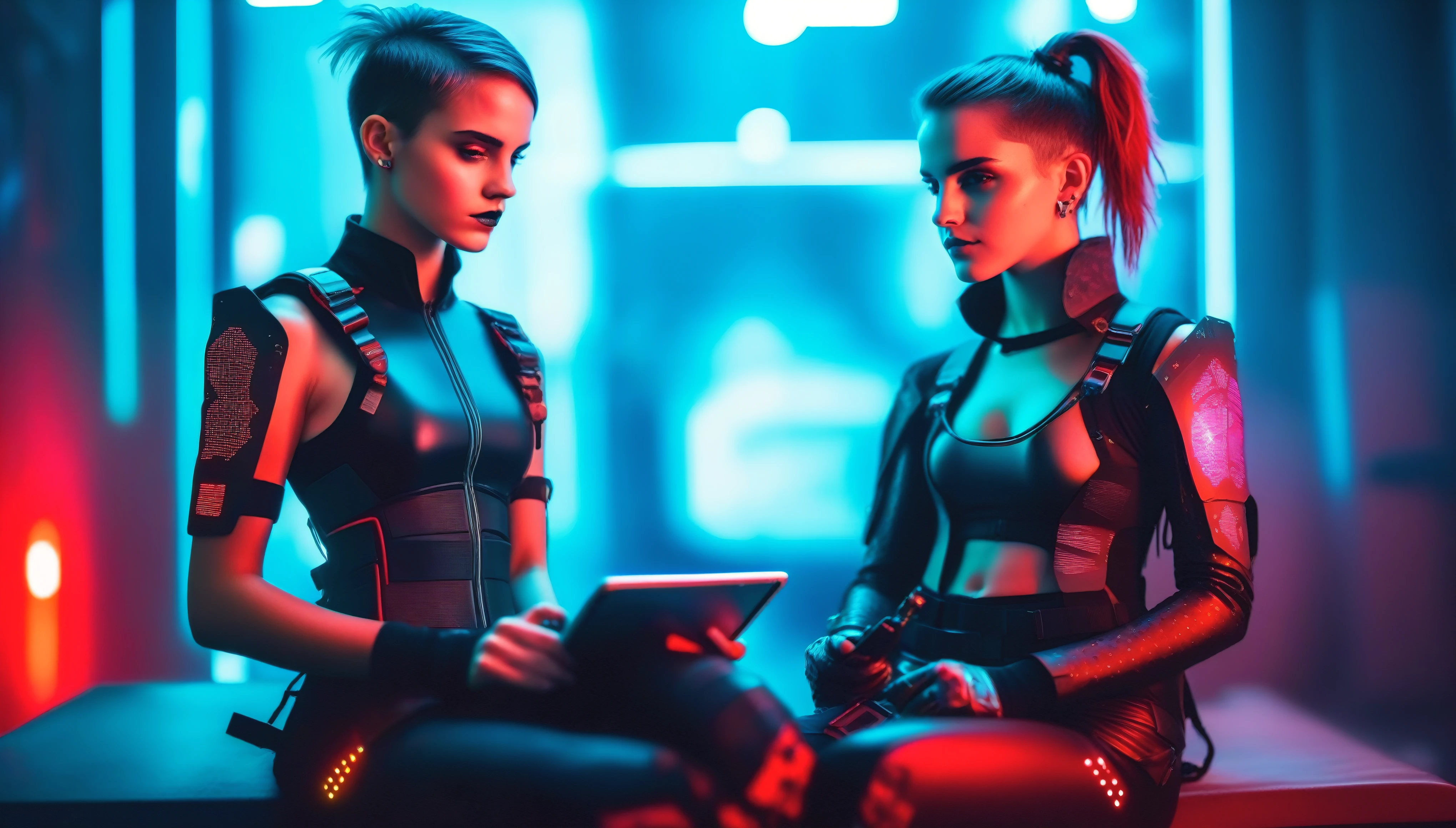 Two young female hackers sitting in a cyberpunk hackerspace with large windows in a cyberpunk metropolis facing the viewer, right arm resting on her waist, left arm held forward holding a transparent smart tablet, short silverwhite undercut haircut, immaculate skin, thoughtful look on her face, sweat on her skin, full lips, small breasts, legs crossed, fullbody black and red skintight cyberpunk underarmor with intricate hexagon pattern, synthetic utility vest with attached wearable computer, black leather utility belt with multimeter and some probes attached, thigh high black latex boots, cutoff gloves, no makeup, natural fingernails, emma watson, edgFut_clothing, neons, electric circuits