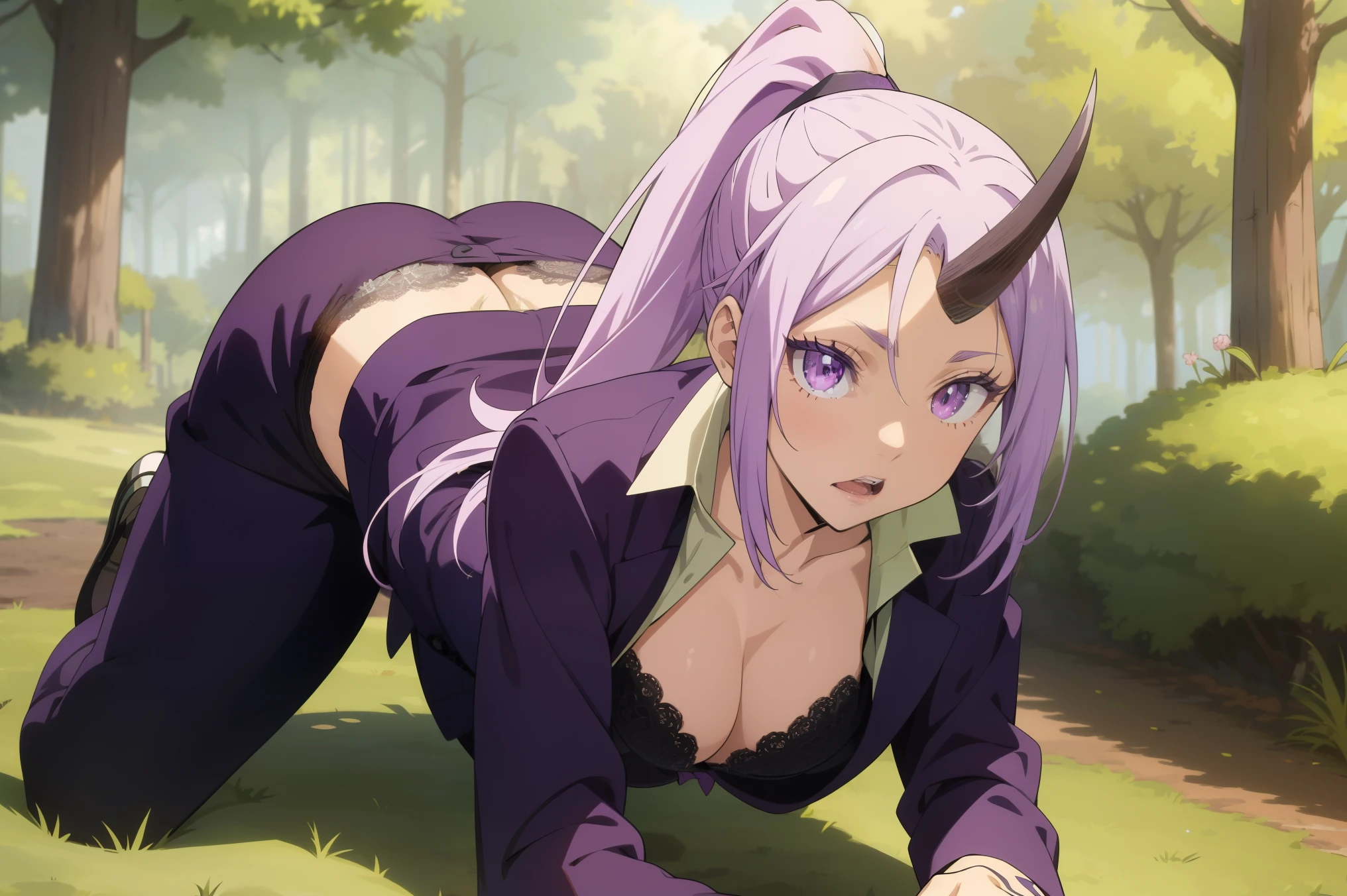 Shion 1 Girl, all fours,crawling,Belt Bag,medium chest,Holding, Holding_sword,m, Horns, length_hair, Open_mouth, pants, ponytail, purple_eye, purple_hair, purple_Jacket, shirt, (((white lace bra))) , single_Horn, very_length_hair, outdoor,forest,break masterpiece ,8k unity wallpaper,anime key visual,highest quality, High resolution, unity 8k wallpaper, (shape:0.8),anime coloring,highly detailed face, detailed eyes,growing eyes,shiny skin,fine skin,white skin,dense skin,detailed hair,highly detailed legs,perfect lighting, Detailed CG, (perfect hands, perfect anatomy),High resolution,(Detailed wear ),slender limbs, delicate curves, dainty hands,figure:0.8,