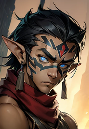 Concept ART, Human Male Young ager , pointer Elf ears,((face tribal markings)) , blue pupils  ,Black hair , red Torn Scarf , Bandage ,Ancient dark magic , Handsome old face