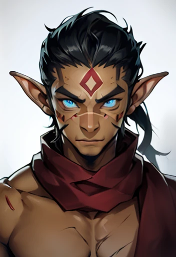 Concept ART, Human Male Young ager , pointer Elf ears,((face tribal markings)) , blue pupils  ,Black hair , red Torn Scarf , Bandage ,Ancient dark magic , Handsome old face