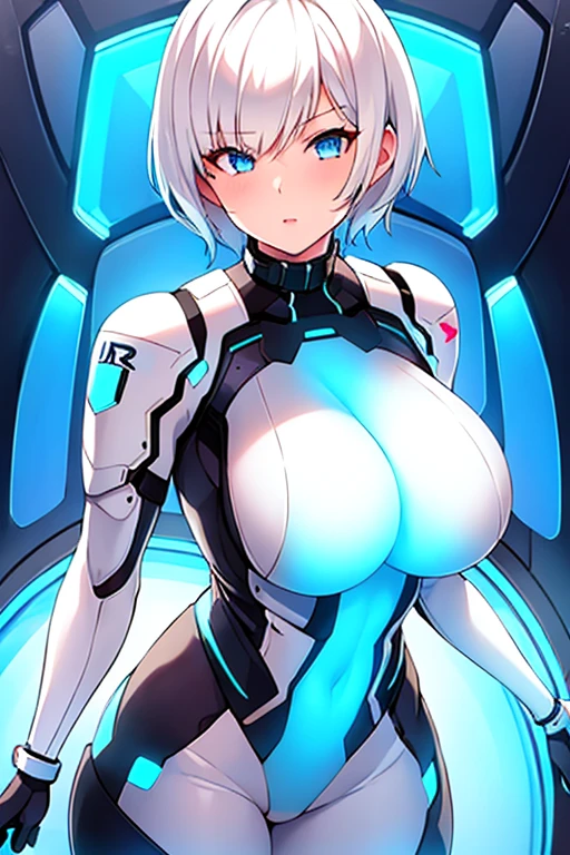 1girl, white hair, very short hair, pixie cut, blue eyes, serious, glowing eyes, large breasts, breasts, thick thighs, toned, toned female, bodysuit, pilot suit, futurustic, science-fiction, neon, neon trim, neon light, white bodysuit,