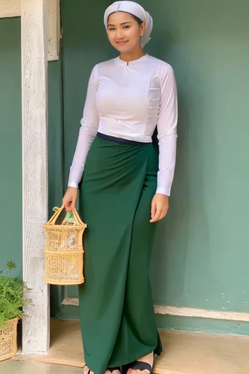 A school teacher is 60years old.Tall, thin, big hips, big breasts, blonde hair, small lips, blue eyes, attractive, 64K.Top=white Burmese blouse,With long sleeves,Buttoned at the side.Bottom=(Dark green) long skirt.
Footwear=female Burmese sandals,The hair is knotted bun.European.Nun Headpiece.