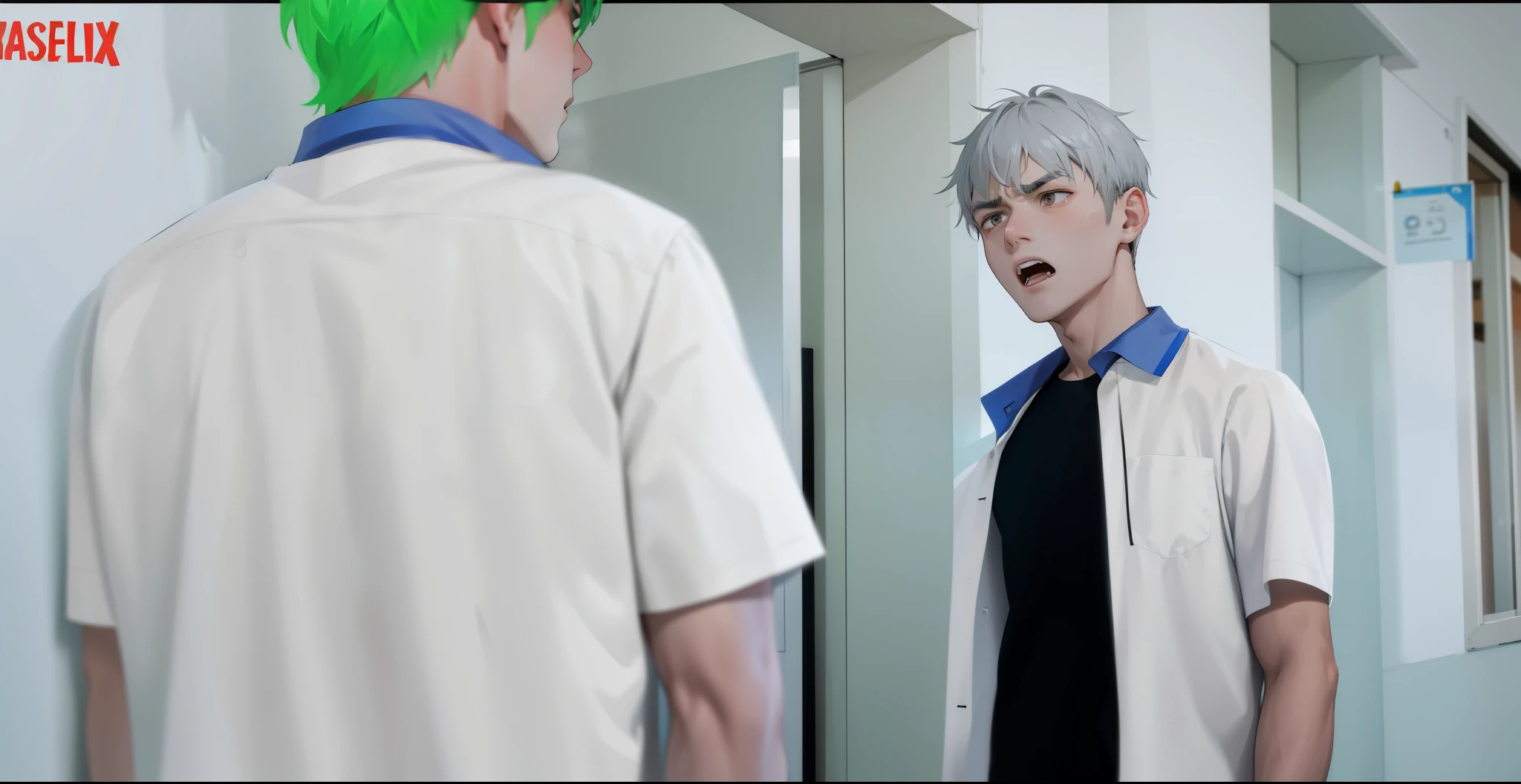 young man of 16 years is looking serious upset speaks with anger gray hair gray eyes