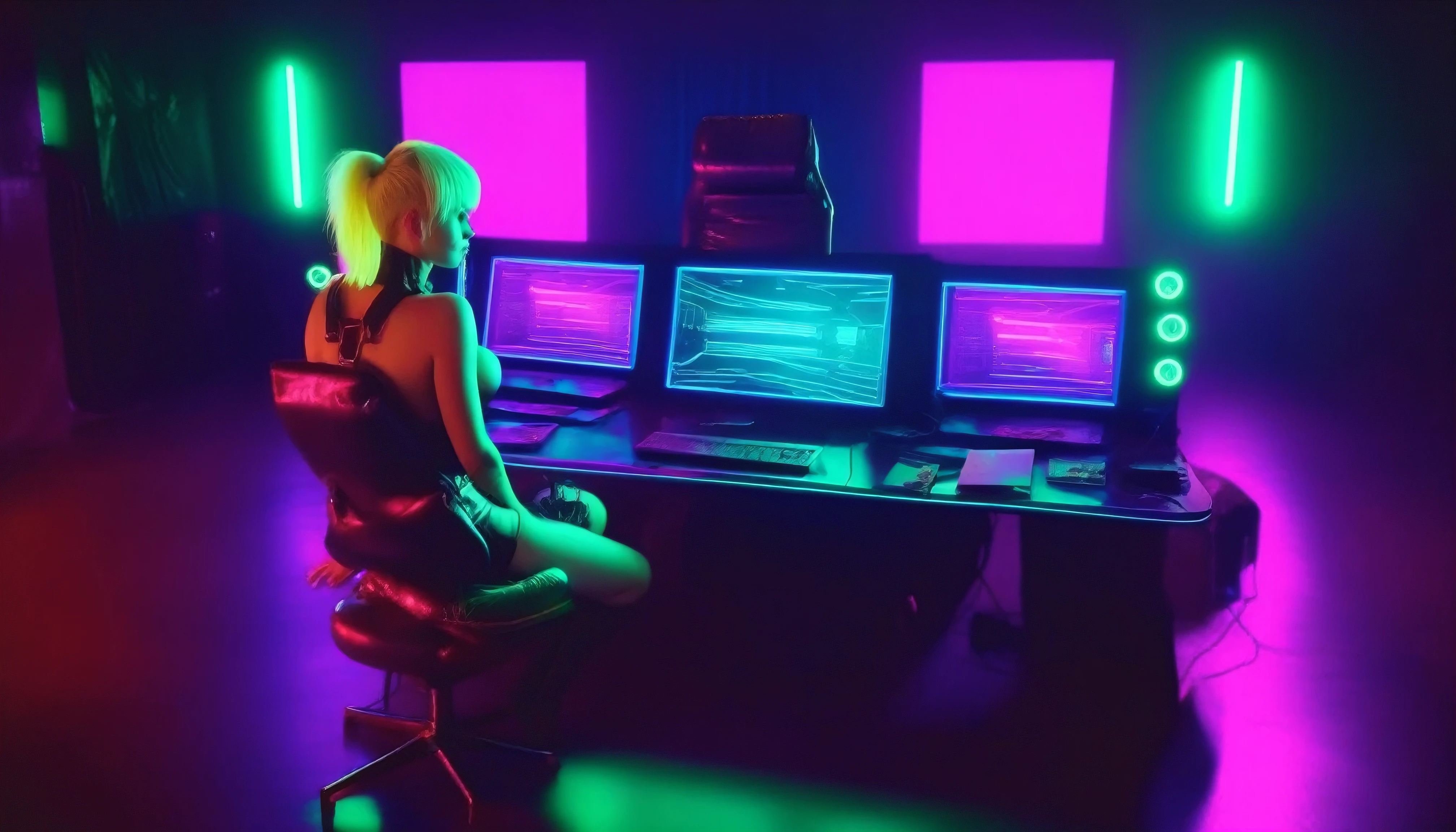 realistic, a futuristic cyberpunk hackerspace at night with many computer parts laying around, several screens and Commodore 's on a metal desk, green and purple and yellow and pink neon and LED lights, a large dark red leather armchair standing in the middle of the room, on the chair sits a girl teasing the viewer, small breasts, pale skin, legs spread, dirty old black leather SAS boots, short blonde undercut hair, highly detailed, found footage