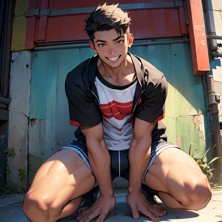 3 hombres, fornidos, adolescentes, el primero que este arrodillado con sus manos tocando el piso, sonriendo con su boca abierta, with a happy expression as if he was enjoying something too much, that the only clothes you have are short shorts, con un bulto en el short, the second who is kneeling behind the first, with a happy expression as if he wanted something, mira fijamente al primero, que solo tenga puesto un short negro, que tenga un bulto en los shorts, the third who is kneeling in front of the first, con la cabeza mirando hacia arriba con una cara de felicidad como si le estuviera pasando algo que le gusta demasiado, que solo tenga un short negro, que tenga un bulto en los shorts