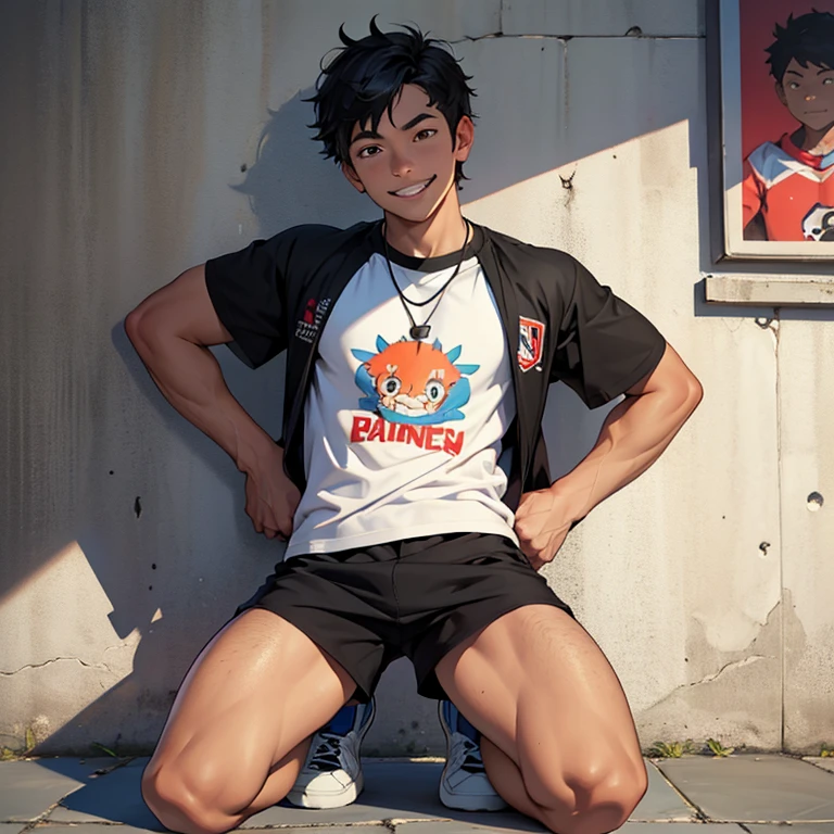 3 hombres, fornidos, adolescentes, el primero que este arrodillado con sus manos tocando el piso, sonriendo con su boca abierta, with a happy expression as if he was enjoying something too much, that the only clothes you have are short shorts, con un bulto en el short, the second who is kneeling behind the first, with a happy expression as if he wanted something, mira fijamente al primero, que solo tenga puesto un short negro, que tenga un bulto en los shorts, the third who is kneeling in front of the first, con la cabeza mirando hacia arriba con una cara de felicidad como si le estuviera pasando algo que le gusta demasiado, que solo tenga un short negro, que tenga un bulto en los shorts