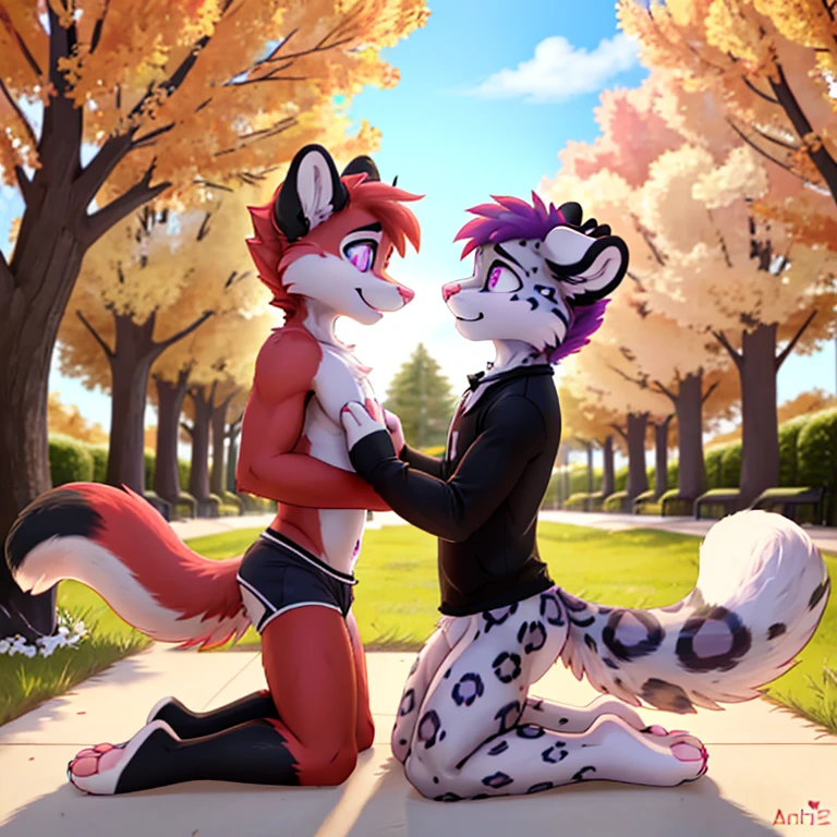 Anthropomorphic male crimson fox with pink nose, black ears, horns and purple eyes, two tails, fullbody view, on knees, duo, proposing to a standing snow leopard with purple eyes, pink nose and a surprised face, in a park, side view, wearing clothes.