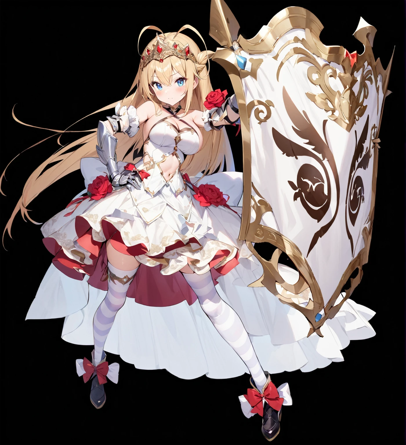 Masterpiece, Best quality, 1girl, solo, long-hair, thighhighs, breasts, striped, blonde-hair, flower, blue-eyes, rose, striped-thighhighs, full-body, dress, looking-at-viewer, blush, tiara, detached-sleeves, cleavage, big-breasts, holding, bare-shoulders, closed-mouth, black-footwear, white-dress, standing, red-rose, hand-on-hip, bow, bangs, very-long-hair, ahoge, red-flower, hair-between-eyes, gauntlets, halterneck, red-bow, frills, shoes, skirt, footwear-bow, armpits, flag, antenna-hair, criss-cross-halter, weapon, collarbone, clothing-cutout, crown, floral-print, headpiece, ((exposed navel))