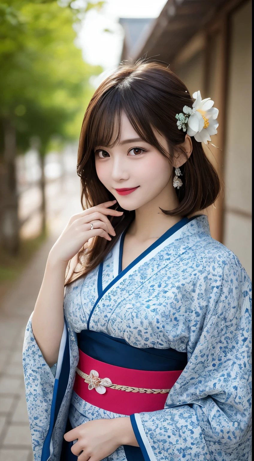 whole body, highest quality, figure, Very detailed, In detail, High resolution, 8k wallpaper, Perfect dynamic composition, Beautiful fine details, Flower pattern kimono,Medium Hair, Center of chest, Natural color lip, Random sexy poses,smile,Morning Shrine,Flower Hair Ornaments,Cute girlfriend