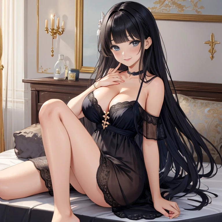 masterpiece, best quality, ultra detailed, highres, extremely detailed CG unity 8k wallpaper, perfect lighting、beautiful and aesthetic,sharp focus, perfect face, Perfect hands、Perfect Fingers、Perfect toes、Five fingers、、highest quality、Woman 1
Black Hair、Blunt bangs、blue eyes、Sparkling eyes、extremely big eyes、smile、blush、negligee、Face close-up、Off the shoulder、Large Breasts、Hide your arms behind your back