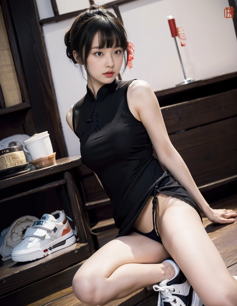 (((Backwards:2.0, Face your ???????? towards the camera:2.0, Accentuate your ????:2.0, Backwards:1.3))), (((clothing:2.0,Tight Chinese dress ,Black panties:2.0, sneakers:1.8))), 1 girl, alone, ((short hair:1.2, Grin:1.2)), 18-year-old, Ideal body type, Black Hair, With bangs, Perfect ???????, Perfect ???, Beautiful legs, Cinema Lighting, Written boundary depth, First Person View, f/1.8, 135mm, Ticker, masterpiece, Collect and organize, ((Anatomically correct:1.3)), Textured skin, Super Detail, Attention to detail, high quality, Awards, 最high quality, High resolution, 8k