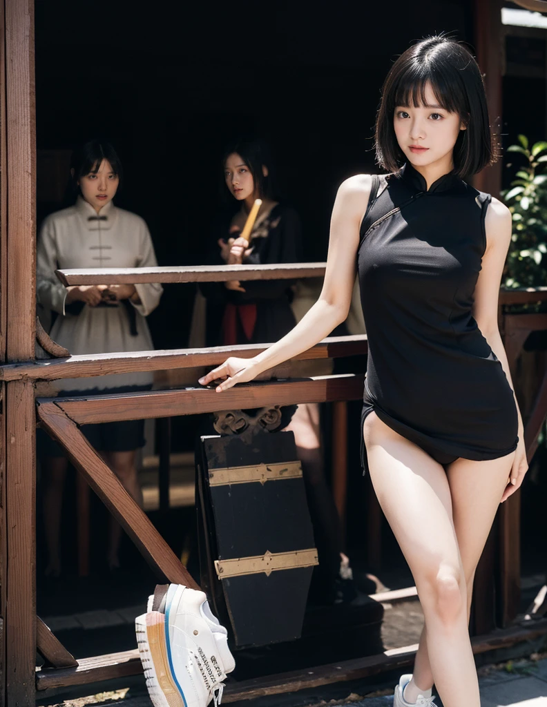 (((Backwards:2.0, Face your buttocks towards the camera:2.0, Accentuate your butt:2.0, Backwards:1.3))), (((clothing:2.0,Tight Chinese dress ,Black panties:2.0, sneakers:1.8))), 1 girl, alone, ((short hair:1.2, Grin:1.2)), 18-year-old, Ideal body type, Black Hair, With bangs, Perfect breasts, Perfect Ass, Beautiful legs, Cinema Lighting, Written boundary depth, First Person View, f/1.8, 135mm, Ticker, masterpiece, Collect and organize, ((Anatomically correct:1.3)), Textured skin, Super Detail, Attention to detail, high quality, Awards, 最high quality, High resolution, 8k