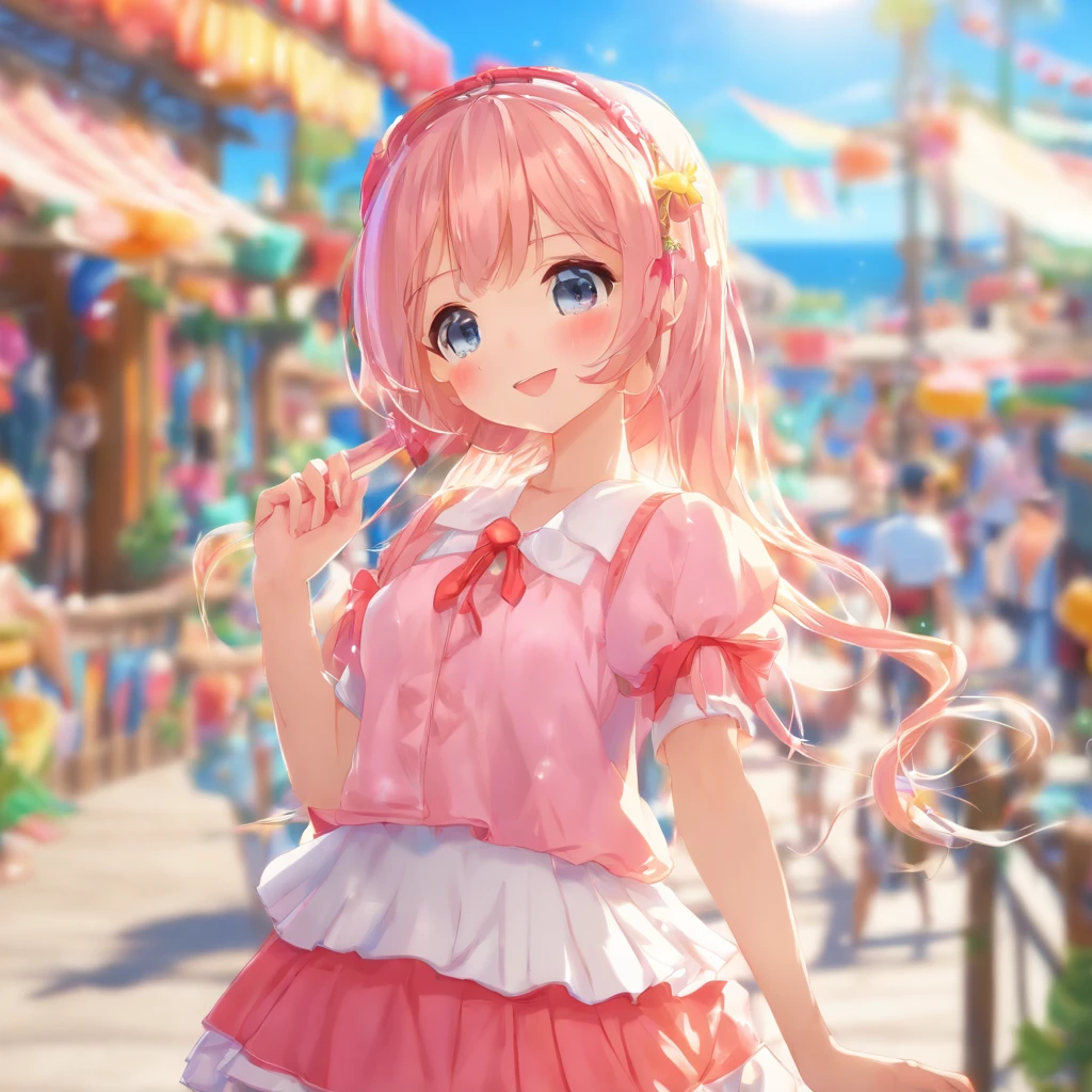 Absurd, High resolution, ((Tabletop)), And soul、((highest quality)),(Lens flare)、 (Very detailed), (beautiful), ((pretty girl)), solo,beautiful face、White skin、masterpiece,(10 :1.5) ,(long pale pink hair with a lot of fluorescent color,,,,,,,)、(Summer clothes:1.3),Standing on the beach in summer、friend、Embarrassing,(Low position、From below:1.8)、Medium chest、Holding the skirt in the wind with your hands、(Skirt rolled up:1.8)、Hmph、I can see your pants、From the back