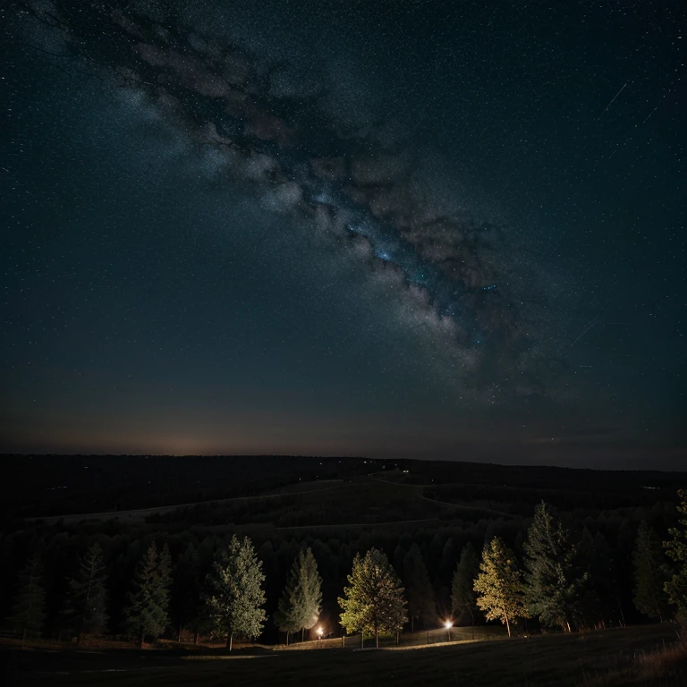 Something realistic starry sky trees dark neutral colors something shiny very high quality