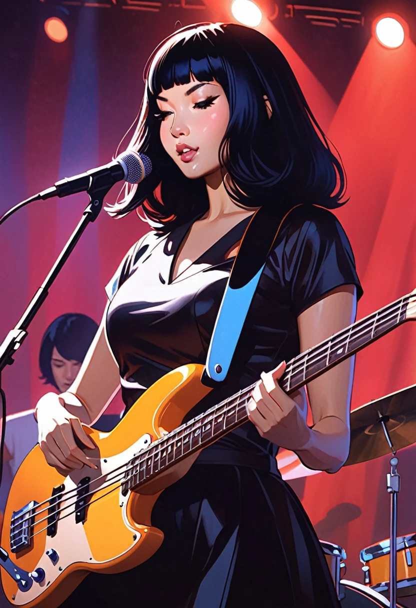 In Ilya Kuvshinov art style, depict the music band Khruangbin playing a show on stage. The band is composed of Mark Speer playing guitar, he's a white man with long black wig, Laura Lee playing bass she's white woman with long black wig, Donald Johnson playing drums, he's a black bald man with beard.