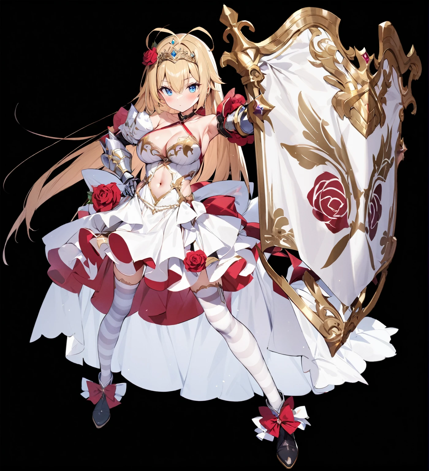 Masterpiece, Best quality, 1girl, solo, long-hair, thighhighs, breasts, striped, blonde-hair, flower, blue-eyes, rose, striped-thighhighs, full-body, dress, looking-at-viewer, blush, tiara, detached-sleeves, cleavage, big-breasts, holding, bare-shoulders, closed-mouth, black-footwear, white-dress, standing, red-rose, hand-on-hip, bow, bangs, very-long-hair, ahoge, red-flower, hair-between-eyes, gauntlets, halterneck, red-bow, frills, shoes, skirt, footwear-bow, armpits, flag, antenna-hair, criss-cross-halter, weapon, collarbone, clothing-cutout, crown, floral-print, headpiece, ((exposed navel))
