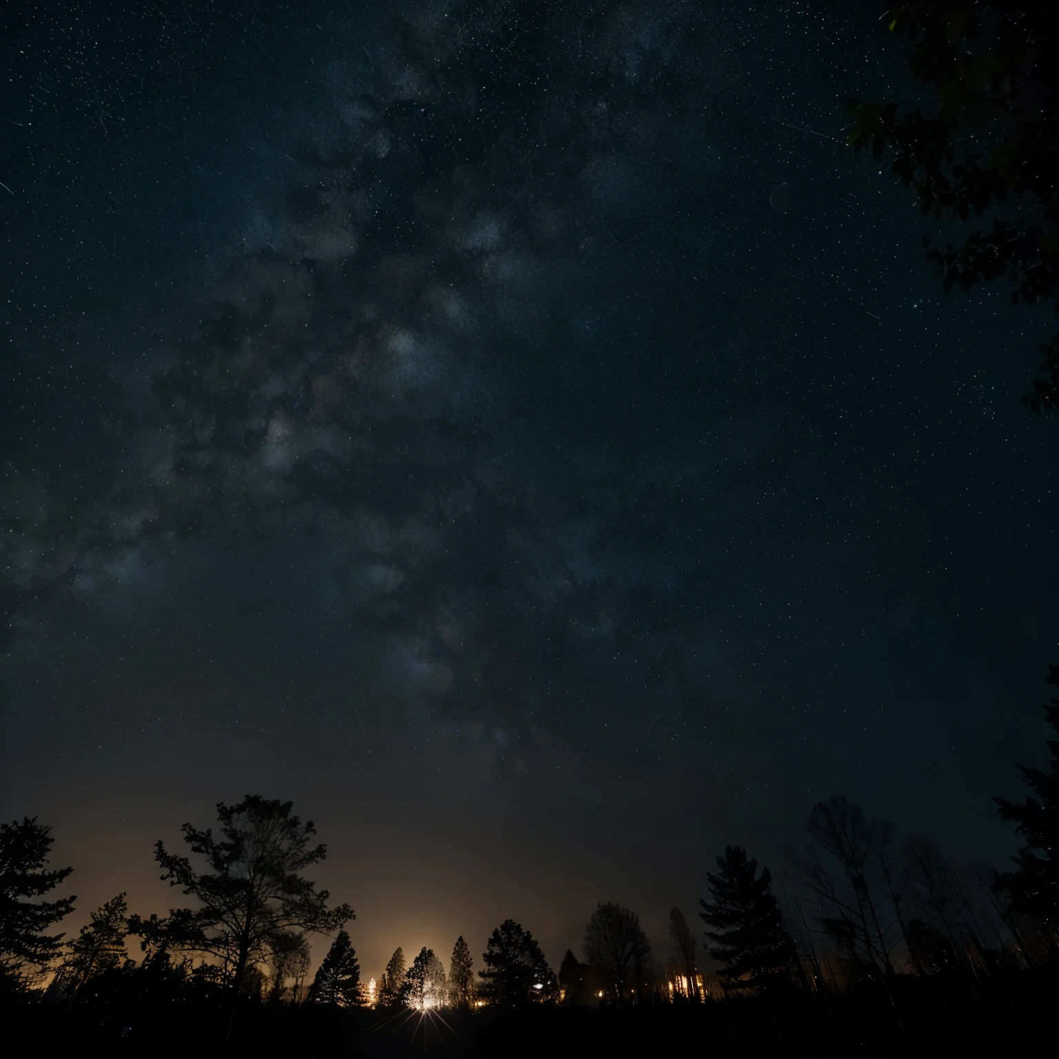 Something realistic starry sky trees dark neutral colors something shiny very high quality