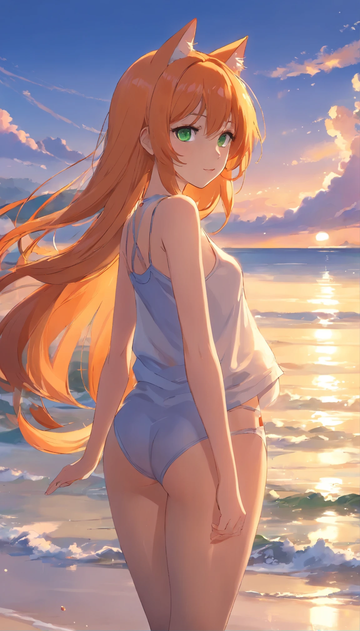 anime girl with long orange hair standing on beach near ocean, green eyes detailed digital anime art, cat ears, , anime girl with long hair, smooth anime cg art, anime girl with long hair, digital anime art, artwork in the style of guweiz, beautiful anime portrait, photorealistic anime girl render, beautiful anime girl, advanced digital anime art, pantyhose, guweiz on artstation pixiv upscale HD UHD HQ
