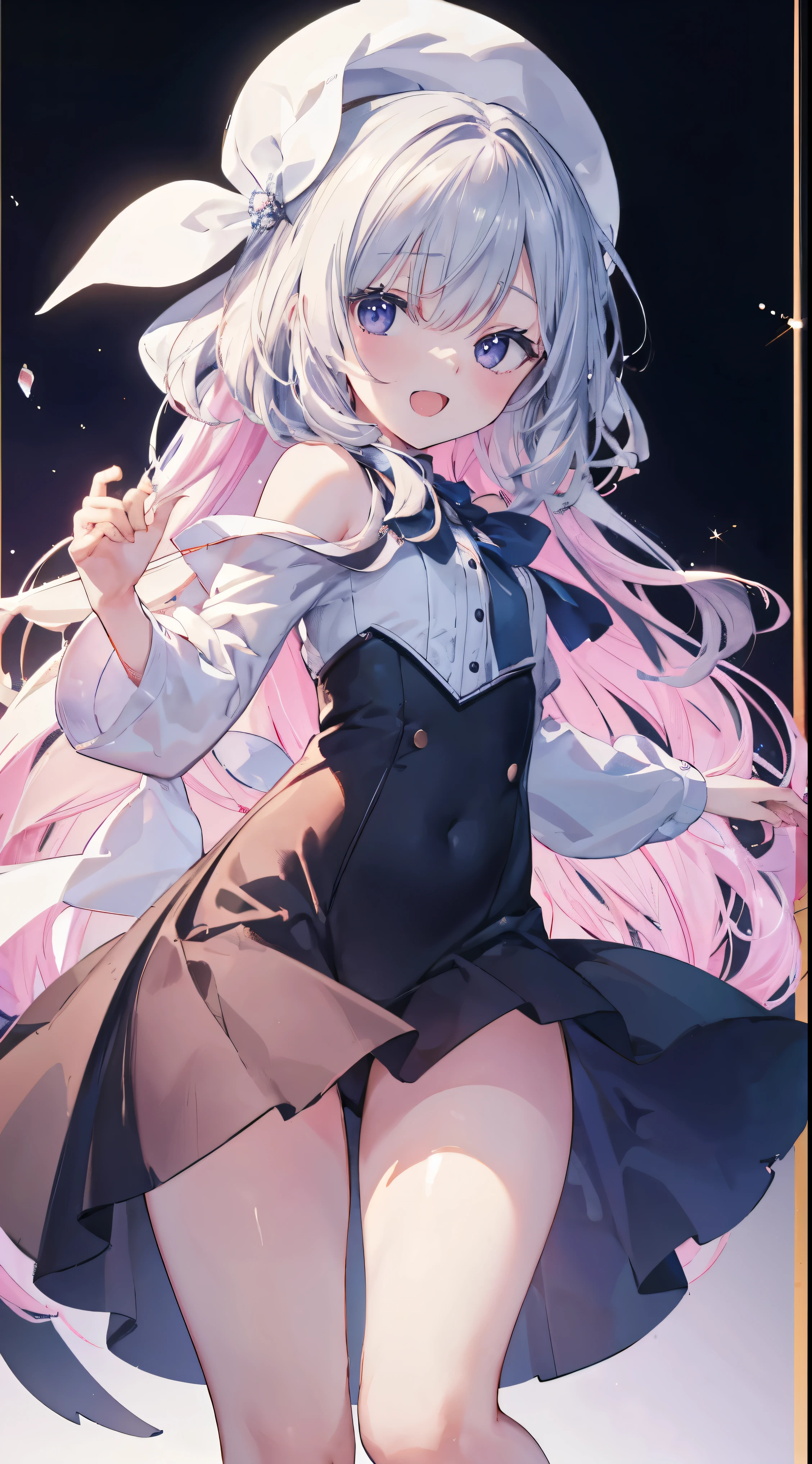 Masterpiece、Highest quality、highest quality、(Open Mouth Smile)、Shiny hair quality、Small face、Dynamic pose、Super detailed, beautiful, wide eyes、Ultra-detailed, clear and beautiful faces、(cute illustration:1.2), High-resolution, ultra-detailed, best quality, embarrassed、Thighs
