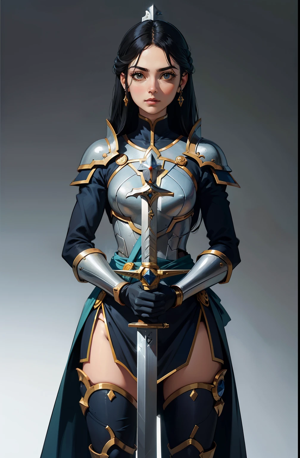 garota, holds the sword with both hands, frente view, estreito, Ouro, Perspectiva, olhar para o espectador, uma longa capa vermelha, frente, holds the sword with both hands, olha para cima, Olhos fechados, soft or colored lips, fundo preto simples, minimalismo, monotonous, paletas de cores brilhantes, Knights of the Zodiac, standing, perfect hands, anatomia perfeita, Estilo Knights of the Zodiac, tem uma espada, tem uma coroa, cabelos longos,