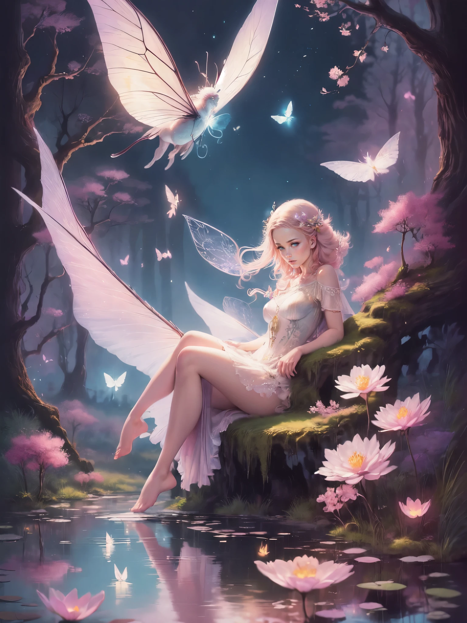 ((best quality)), ((masterpiece)), (detailed), ethereal beauty, perched on a pink blossom tree, (fantasy illustration:1.3), enchanting gaze, captivating pose, solo girl, delicate butterfly wings, otherworldly charm, mystical sky, (Luis Royo:1.2), (Yoshitaka Amano:1.1), moonlit night, soft colors, (detailed cloudscape:1.3), (high-resolution:1.2) (dragon flying in the sky) long white dress, legs dangling above pond, long victorian dress,
