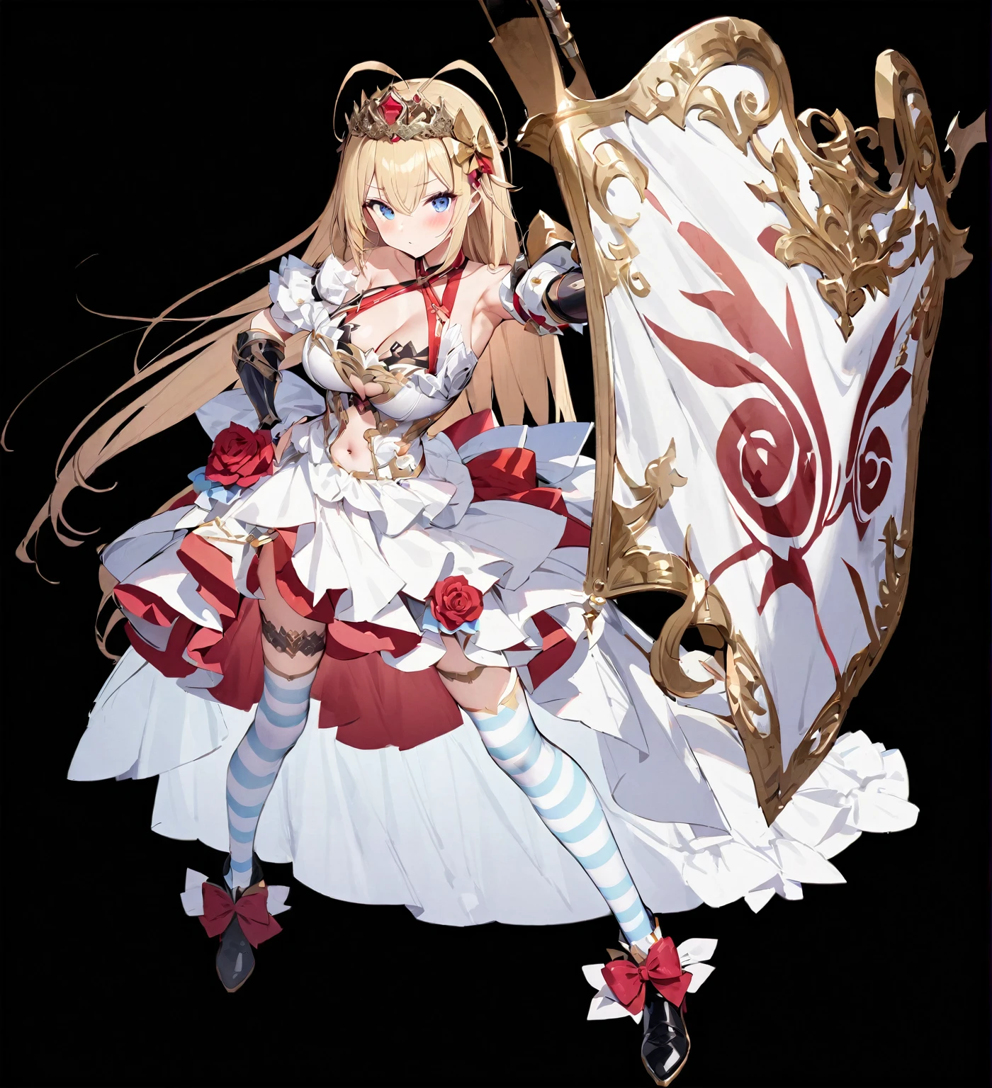 Masterpiece, Best quality, 1girl, solo, long-hair, thighhighs, breasts, striped, blonde-hair, flower, blue-eyes, rose, striped-thighhighs, full-body, dress, looking-at-viewer, blush, tiara, detached-sleeves, cleavage, big-breasts, holding, bare-shoulders, closed-mouth, black-footwear, white-dress, standing, red-rose, hand-on-hip, bow, bangs, very-long-hair, ahoge, red-flower, hair-between-eyes, gauntlets, halterneck, red-bow, frills, shoes, skirt, footwear-bow, armpits, flag, antenna-hair, criss-cross-halter, weapon, collarbone, clothing-cutout, crown, floral-print, headpiece, ((exposed navel)), short skirt