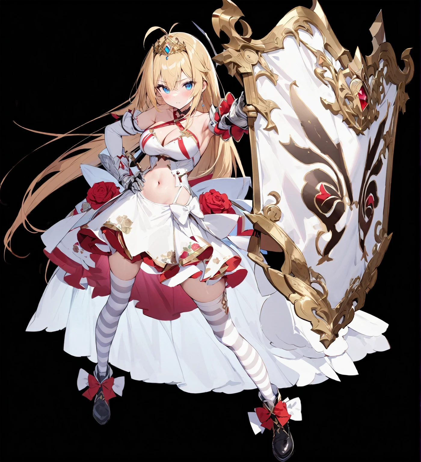 Masterpiece, Best quality, 1girl, solo, long-hair, thighhighs, breasts, striped, blonde-hair, flower, blue-eyes, rose, striped-thighhighs, full-body, dress, looking-at-viewer, blush, tiara, detached-sleeves, cleavage, big-breasts, holding, bare-shoulders, closed-mouth, black-footwear, white-dress, standing, red-rose, hand-on-hip, bow, bangs, very-long-hair, ahoge, red-flower, hair-between-eyes, gauntlets, halterneck, red-bow, frills, shoes, skirt, footwear-bow, armpits, flag, antenna-hair, criss-cross-halter, weapon, collarbone, clothing-cutout, crown, floral-print, headpiece, ((exposed navel)), short skirt