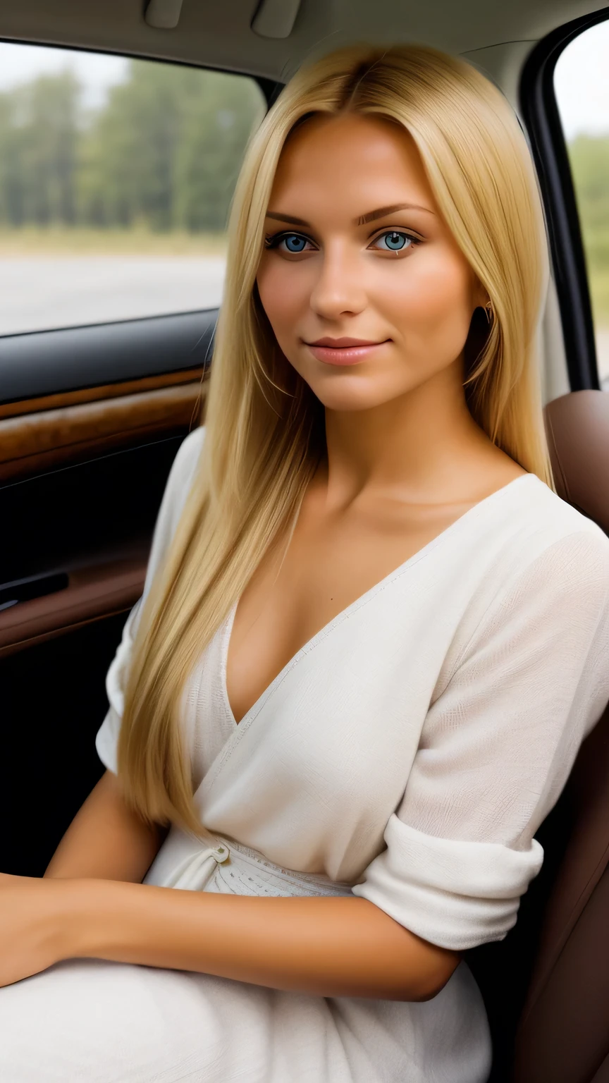 Create an image of a blonde Slavic woman. Her hair is styled in long. Sitting in a car drinking coffee