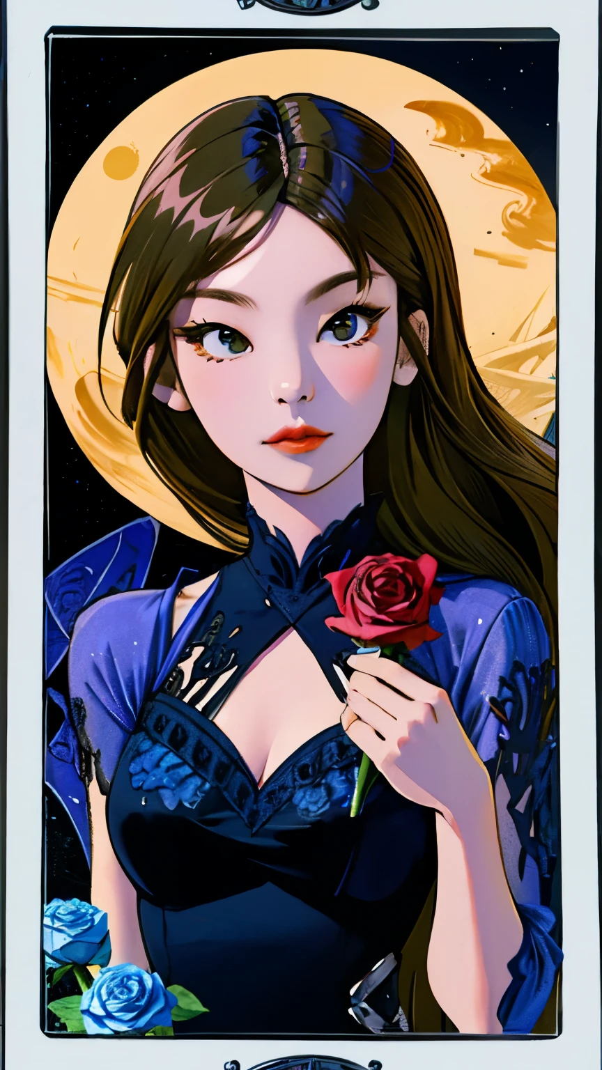 korean woman, ((close range)), ((black rose)), Moonlight reflecting on the water surface, see the horizon, crescent moon, High quality, sharp line, bow on dress, bow in hair, ((dark sky)), ((Fashion Dresses)), ((Tarot card frame)), , 