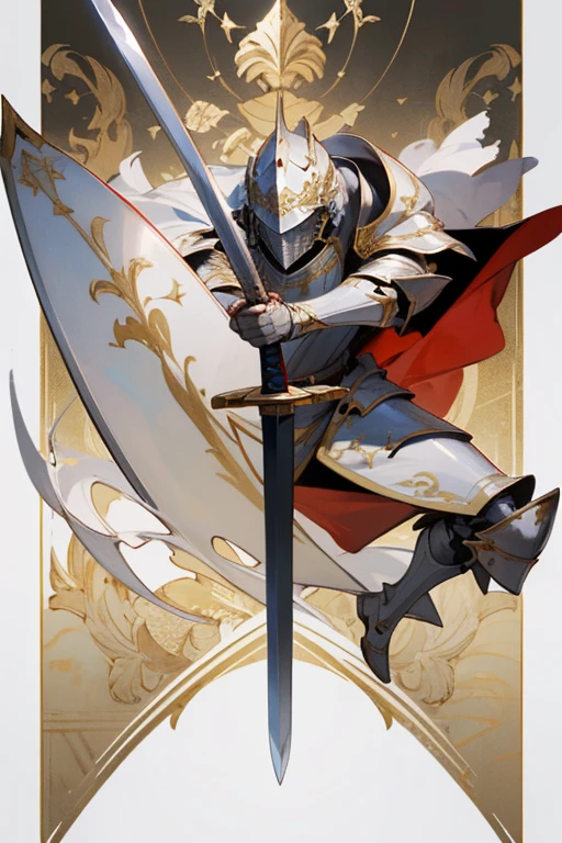 ((highest quality)), ((masterpiece)), (Familiar), One man,Fantasy,Paladin,White Knight,Full Body Armor,Full-face helmet,White Armor,大sword,White Armor,Golden decoration,Red pattern,sword,Cape