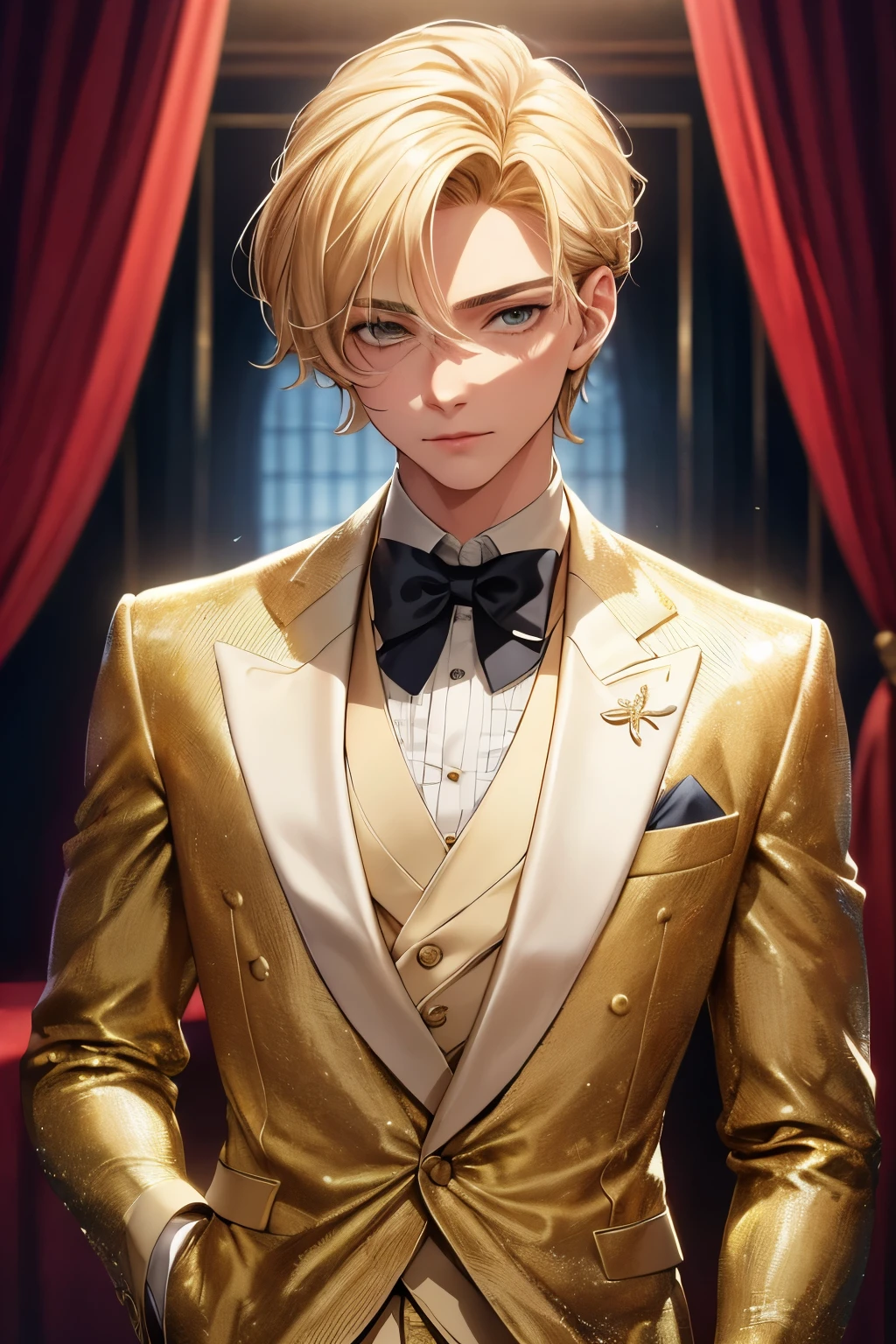 The Prince of Light, a radiant teenage boy with blonde hair, is elegantly dressed in finely crafted clothes. His exquisite facial features are accentuated by the soft light surrounding him, making his three-dimensional face appear perfect. The clothing he wears, with its intricate details and shimmering fabric, complements his majestic and invincible demeanor. The Top Photography Masters Award-Winning Works captures every detail, from the subtle textures to the stunning metallic sheen of his attire. The high resolution and luxury goods image exudes a detailed richness, with the prince's fingers clearly defined and the fabric clinging to his slim but athletic body. The