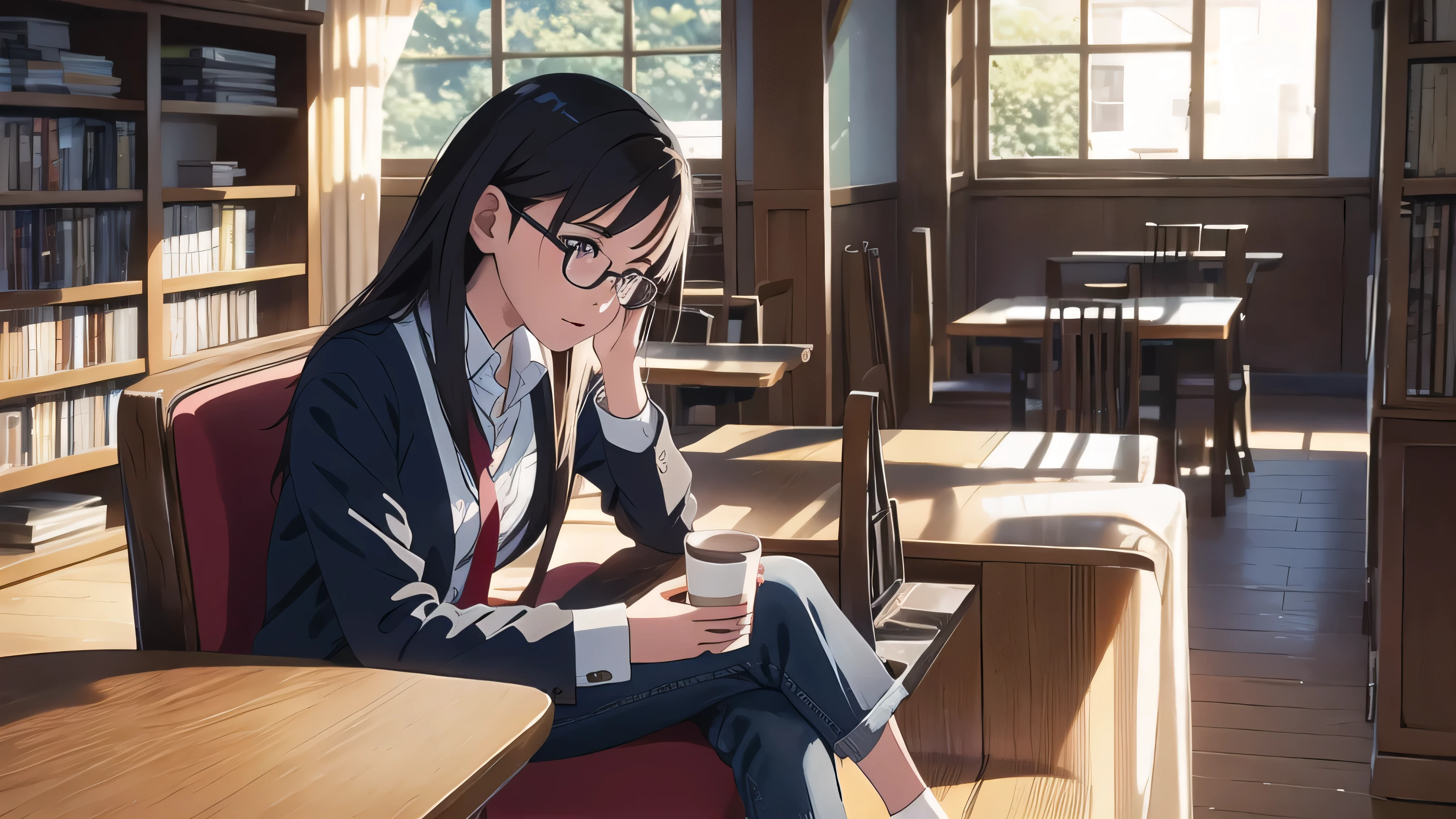 Ghibli, anime,library, Denim with a dress shirt and tie, Sitting on a chair drinking coffee alone,,A 20-year-old girl with a kind face wearing glasses happily listening to music while drinking coffee,Long Hair,high resolution,,