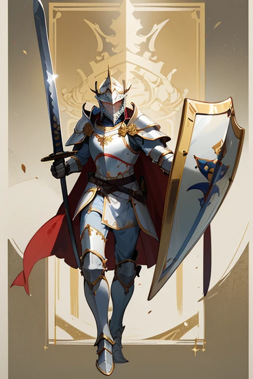 ((highest quality)), ((masterpiece)), (Familiar), One man,Fantasy,Paladin,White Knight,Full Body Armor,Full-face helmet,White Armor,大sword,White Armor,Golden decoration,Red pattern,sword,Cape,shield
