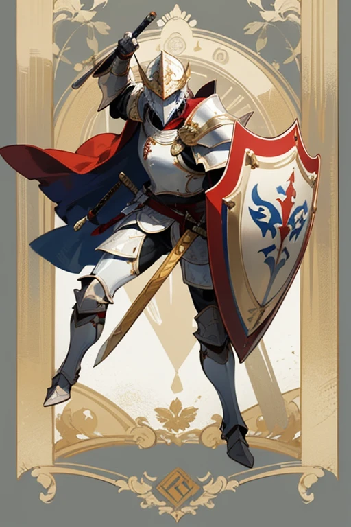 ((highest quality)), ((masterpiece)), (Familiar), One man,Fantasy,Paladin,White Knight,Full Body Armor,Full-face helmet,White Armor,大sword,White Armor,Golden decoration,Red pattern,sword,Cape,shield
