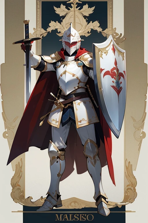 ((highest quality)), ((masterpiece)), (Familiar), One man,Fantasy,Paladin,White Knight,Full Body Armor,Full-face helmet,White Armor,大sword,White Armor,Golden decoration,Red pattern,sword,Cape,shield