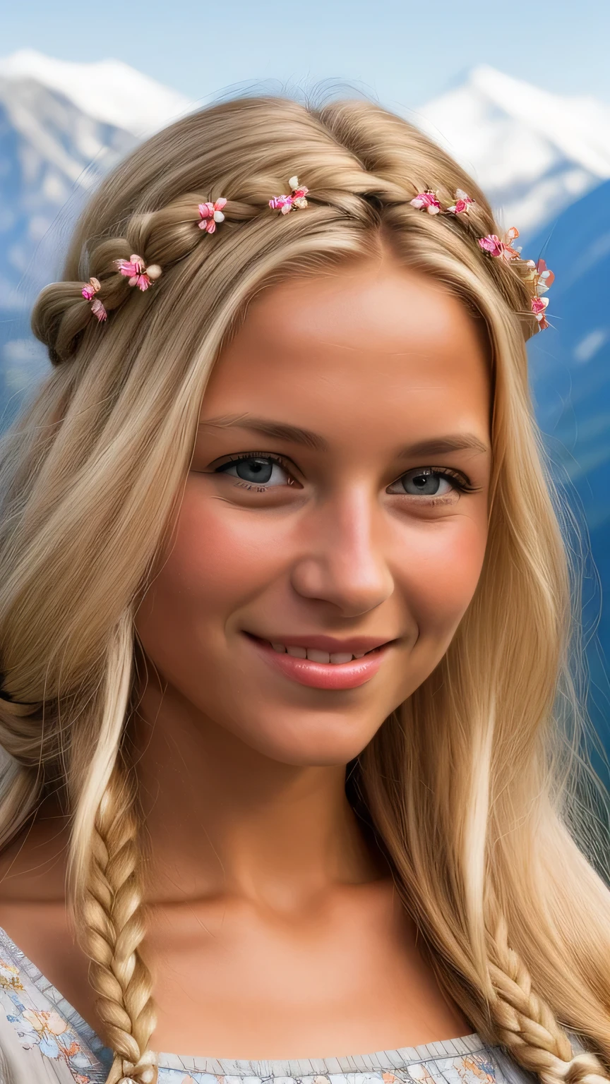 Create an image of a blonde Slavic woman. Her hair is styled in long, flowing braids adorned with small floral decorations. Background is a mountain in the alps. She has a gentle smile, grey eyes, close up of the face, front view, looking into the camera