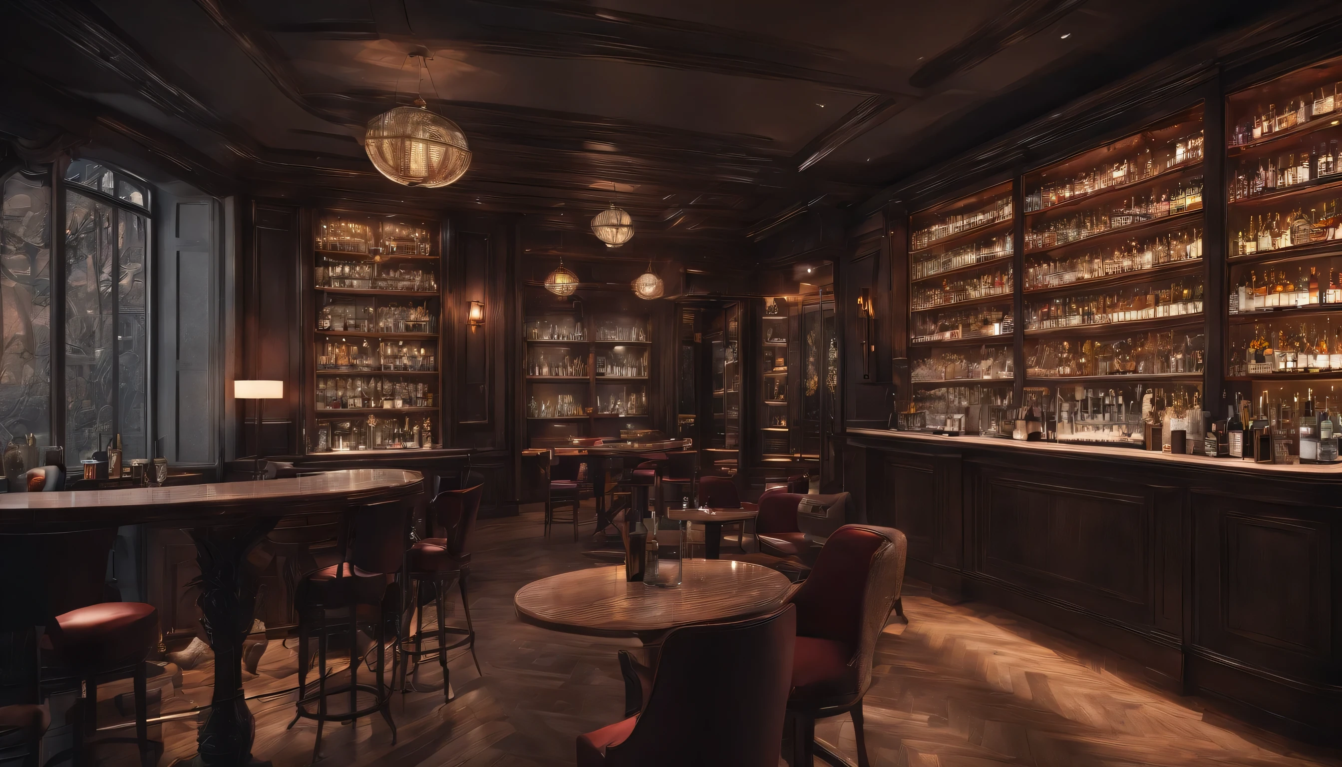 ((best quality)), ((masterpiece)), (detailed), (colorful) ,music playing in the background. The shelves behind them were filled with bottles of various spirits. The bar itself is made of dark wood, Polished until shiny. The atmosphere is vibrant and energetic, With a hint of mystery. The colors are warm and inviting, Featuring a subtle red and gold color scheme. Insufficient lighting, Cast a soft glow and create interesting shadows. Overall, The scene exudes excitement and sophistication, Capture the essence of a bustling bar. (Best quality,Ultra-detailed,Realistic:1.37),Warm color tones,Soft lighting