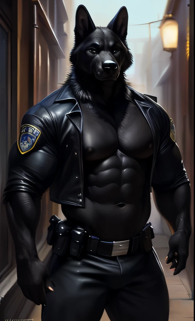 (Jackal), (german shepherd), big muscles, anthro, full body shot, ((((deep black fur:1.5)))), ((((deep black body:1.5)))), (((open police jacket))), (((police badge))), (((((black police jacket:1.1)))), ((black police pants)), male, solo, adult, older, muscles, muscular male, (((night))), (alley background), ((muscular abs)), ((huge pecs)), ((nipples)), ((front)), high details, detailed muscles, detailed face, looking at viewer, (((angered serious face))), ((bodybuilder body)), muscular face, masculine face, manly, huge muscles, hunk, beefy by bruteandbrawn, by raccoon21, by darkgem, by personalami, by chunie, by kenket, (intricate, high detail, film photography, soft focus, RAW candid cinema, photorealism, realistic, photorealistic, analog style, subsurface scattering, masterpiece, best quality, ultra realistic, 8k)