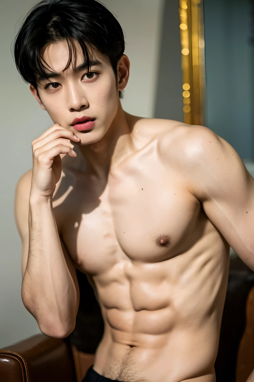 ((best quality)), (detailed), perfect face, HOMEM COREANO, SEM CAMISA, rosto bonito, PEITO MUSCULAR, volume na cueca, protuberance, grande, futurista, Corpo magro, rouco, magro, big nice protuberance, lindo ator coreano, poses sensuais, sensual, blushing red makeup, red lips, white pale skin,