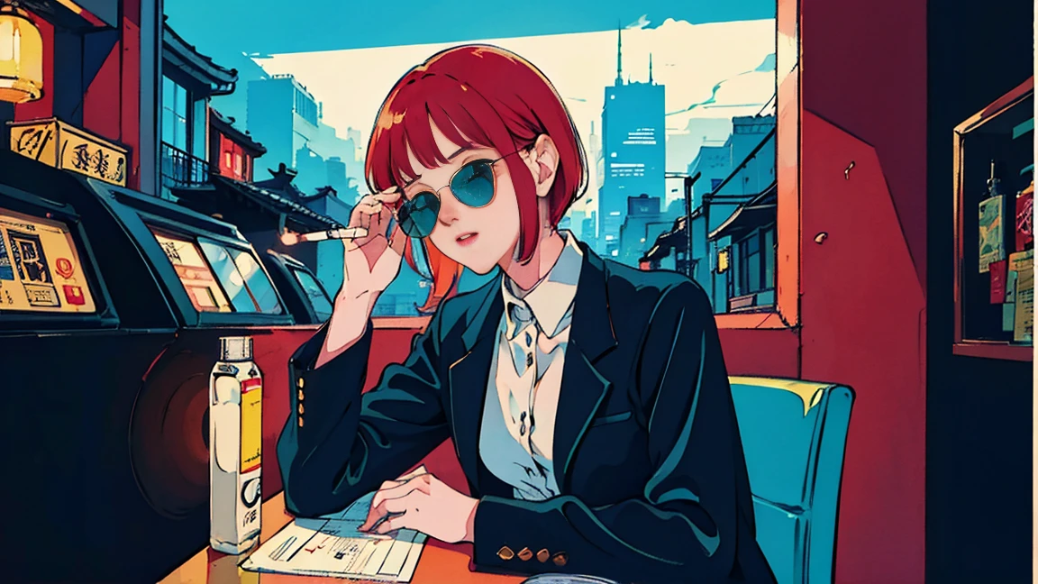 beautiful asian girl with red hair sitting in a diner at night, seen through a window, perfect face, sunglasses, smoking a white tailor made cigarette, NeonNoir, (backlit: 1.1), hard shadow, masterpiece, best quality, Intricate, modelshoot style, vintage, film grain, Incomplete details drive,citypop,cassettetape,record