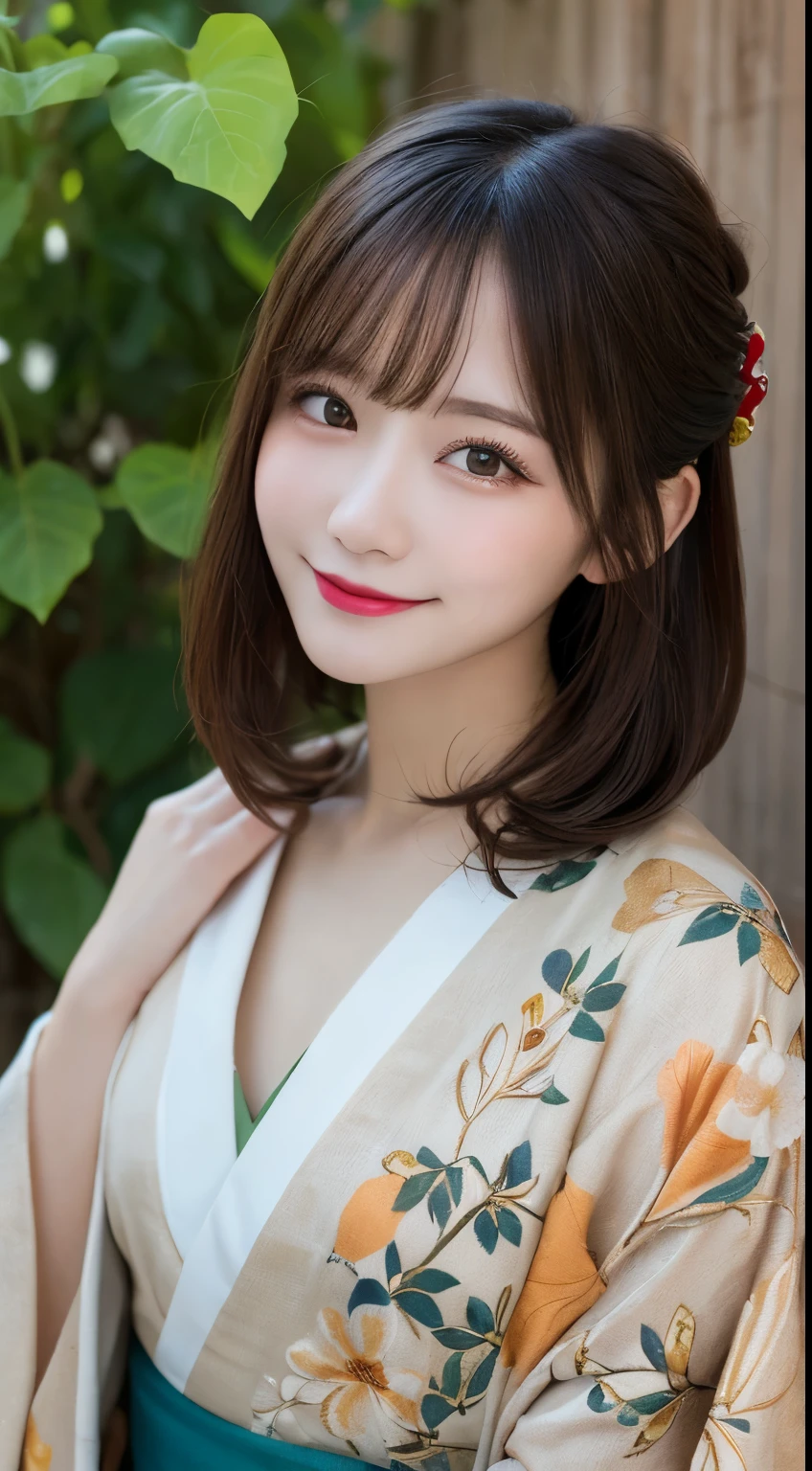 whole body, highest quality, figure, Very detailed, In detail, High resolution, 8k wallpaper, Perfect dynamic composition, Beautiful fine details, Flower pattern kimono,Medium Hair, Center of chest, Natural color lip, Random sexy poses,smile,Morning Shrine,Flower Hair Ornaments,Cute girlfriend